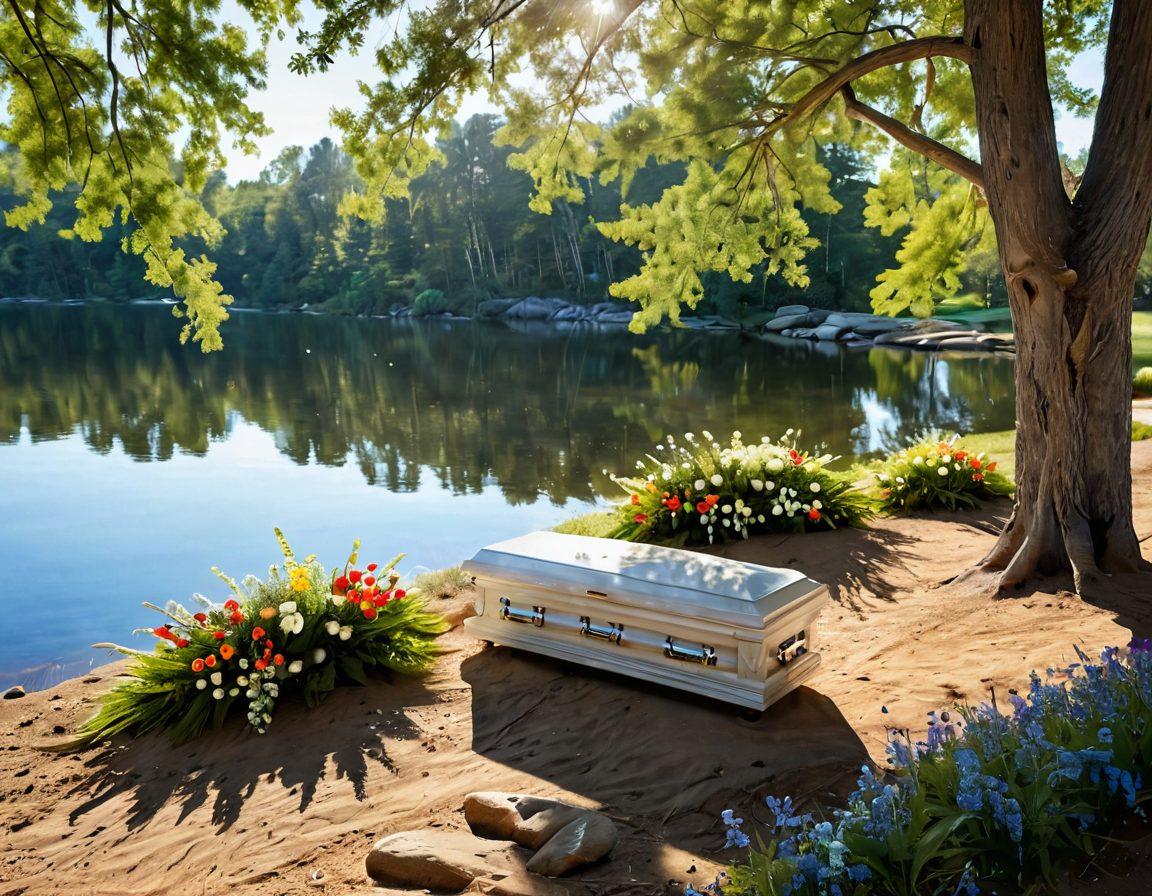 A serene outdoor scene depicting a beautiful eco-friendly funeral setting. Incorporate a natural burial site adorned with wildflowers, soft sunlight filtering through the trees, and gentle waves of a nearby lake reflecting the clear sky. Include biodegradable caskets and memorial stones made of natural materials, symbolizing a celebration of life. Emphasize the tranquility and connection to nature. super-realistic. vibrant colors. ethereal lighting.