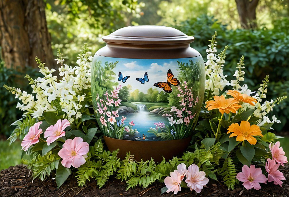 A serene landscape featuring a biodegradable urn amidst blossoming flowers and lush greenery. Surround the urn with gentle streams of sunlight filtering through the trees, symbolizing life and nature. Include soft, ethereal elements like butterflies and birds to represent the cycle of life. Incorporate a peaceful ambiance that evokes both respect and celebration of nature. super-realistic. vibrant colors. soft focus.