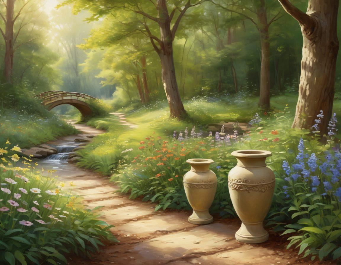 A serene forest setting adorned with biodegradable urns and wildflower arrangements as an eco-friendly farewell. Soft sunlight filters through the leaves, creating a tranquil atmosphere. A path lined with lush greenery leads to a gentle stream, symbolizing the cycle of life. Scatter natural petals and incorporate birds and butterflies to enhance the mood. Painting. natural colors. soft focus.